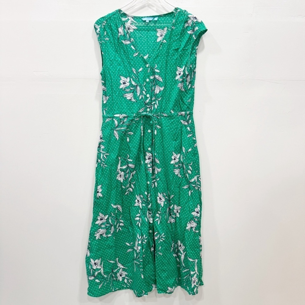 Draper James Green Floral V-Neck Button Front Midi Dress Medium Cotton Blend